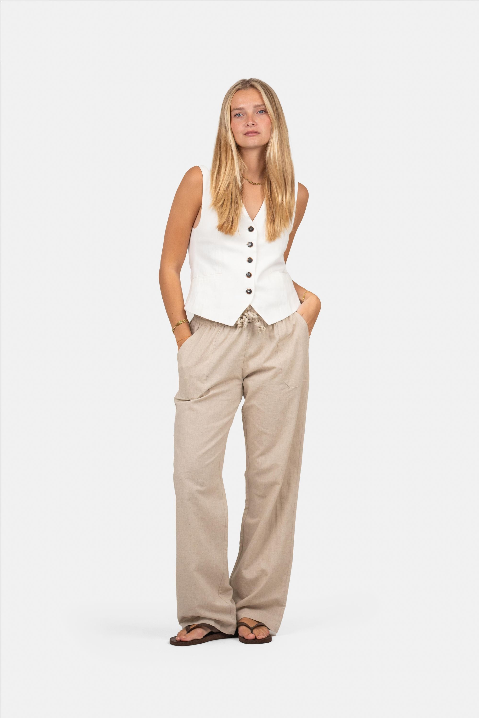 Linnebyxor med låg midja Beige