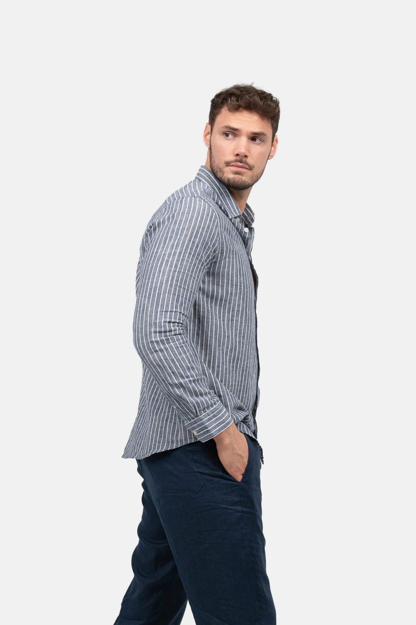 Langærmet Hørskjorte Navy Stribet |  Skagen-clothing.dk